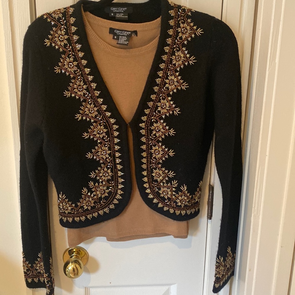 Karen a Kane black sweater with gold and copper bearing. Bonus camel sweater. S